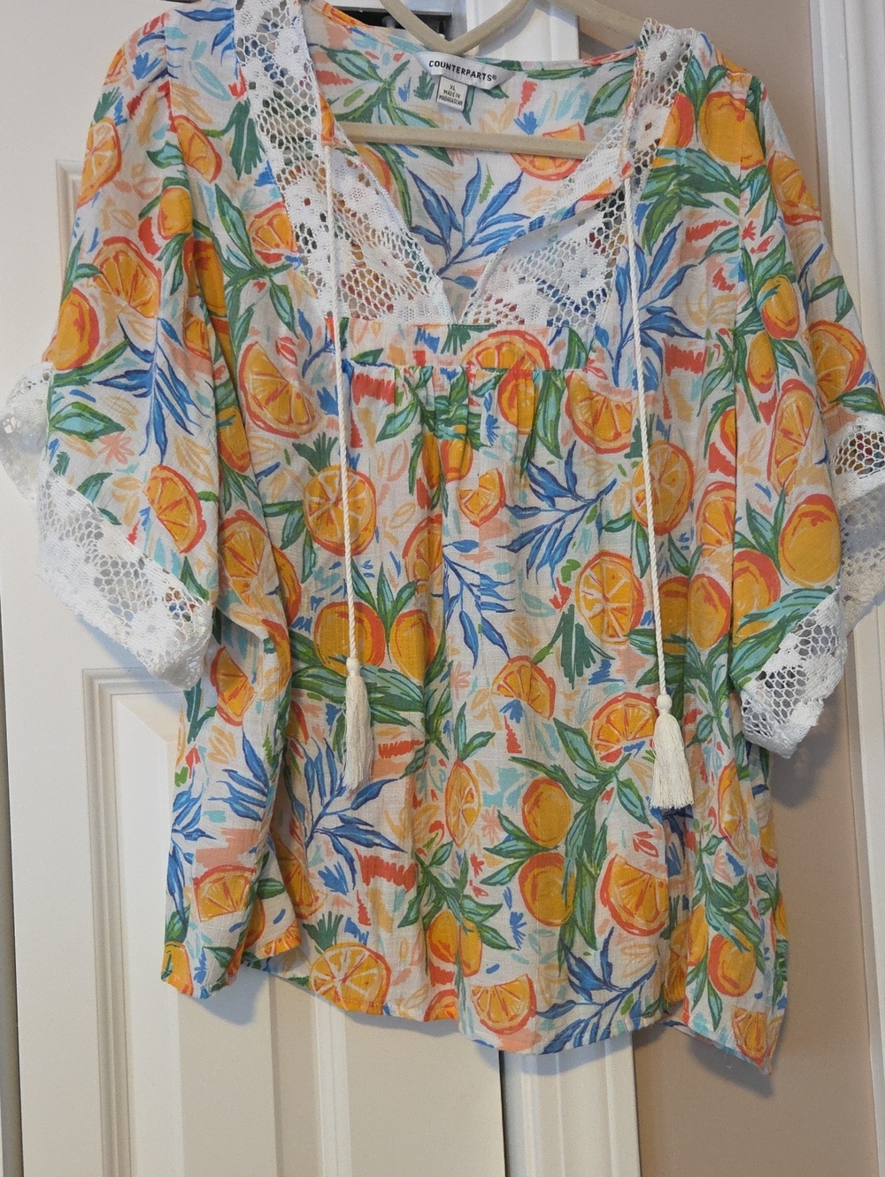Counterparts Citrus Print Peasant Tunic in White, Yellow and Blue